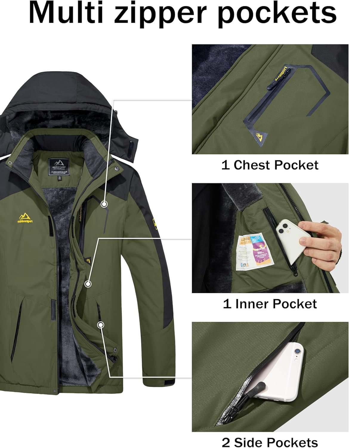 Men'S Winter Coats Water Resistant Ski Snow Jacket Warm Fleece Jacket Parka Raincoats with Hood Multi-Pockets