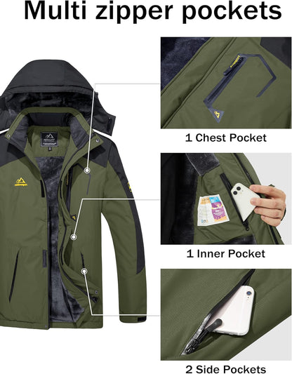 Men'S Winter Coats Water Resistant Ski Snow Jacket Warm Fleece Jacket Parka Raincoats with Hood Multi-Pockets