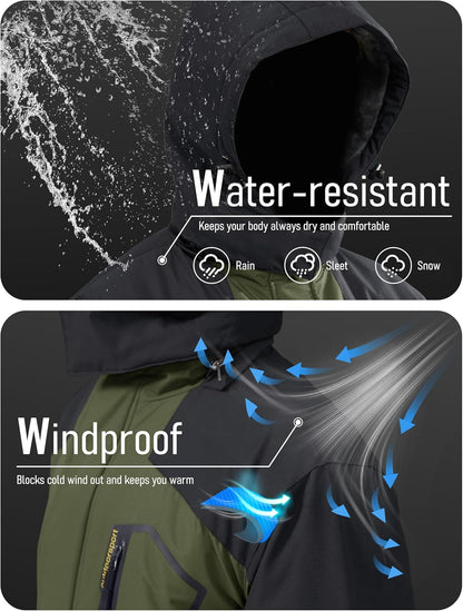 Men'S Winter Coats Water Resistant Ski Snow Jacket Warm Fleece Jacket Parka Raincoats with Hood Multi-Pockets